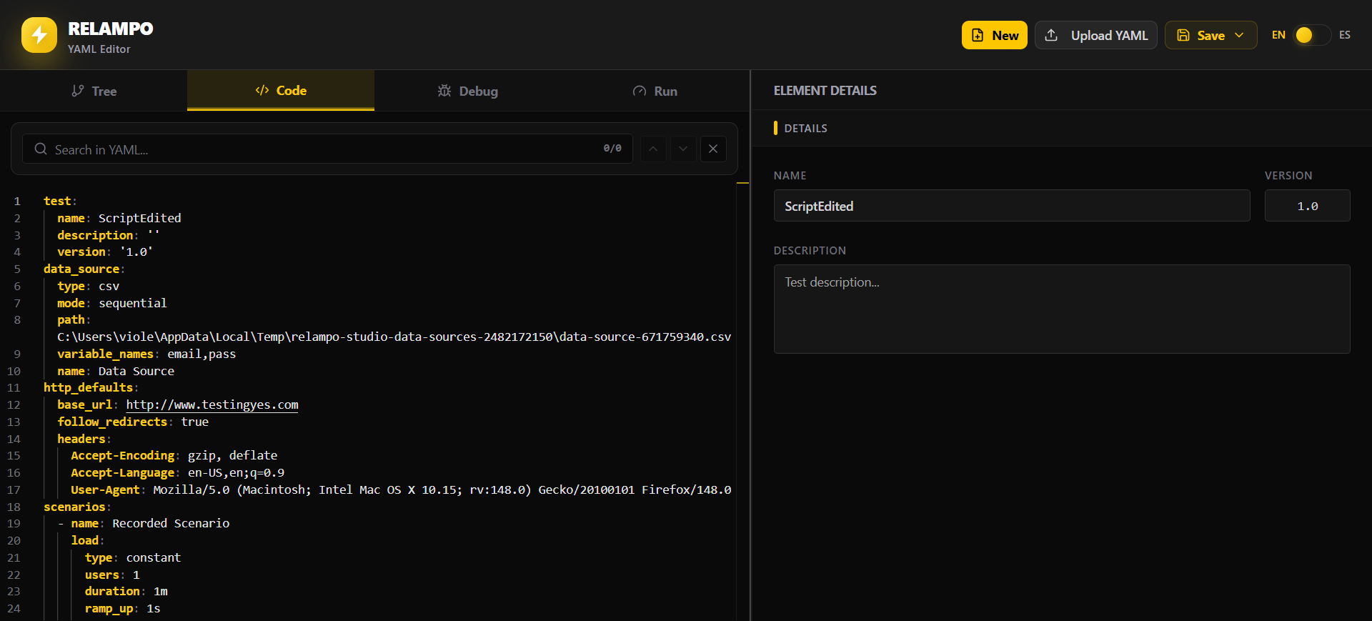 YAML file code in Relampo Studio